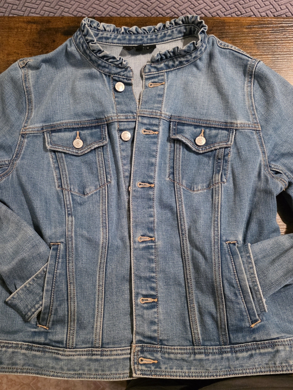 Talbots Light Blue Stretch Denim Jacket with Ruffled Collar
